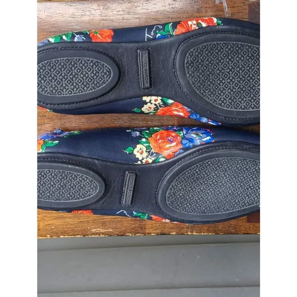 Tory Burch Navy and Red Floral Leather Ballet Flats size 8
